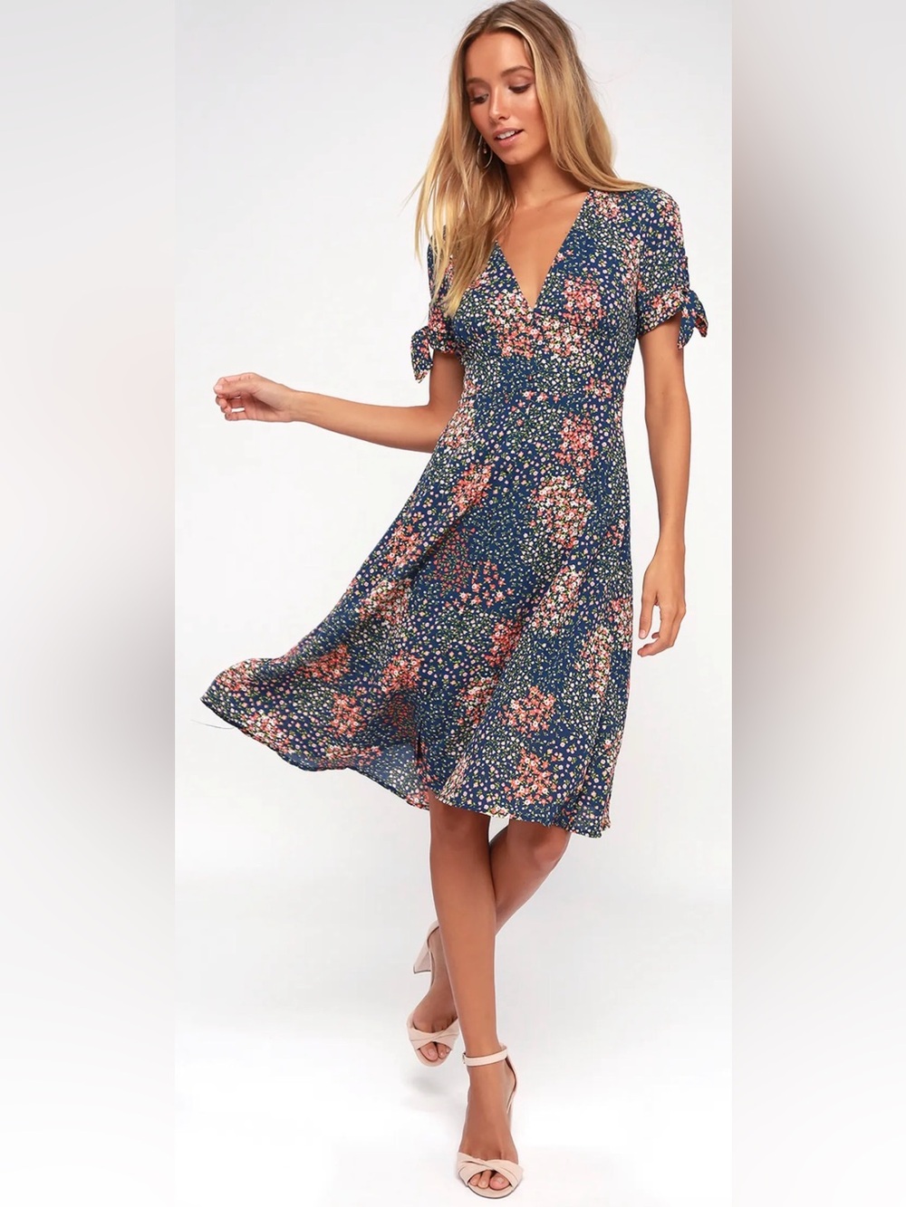 Lulu's Navy Floral V-Neck Tie-Sleeve Midi Dress with Coral & Cream Flowers